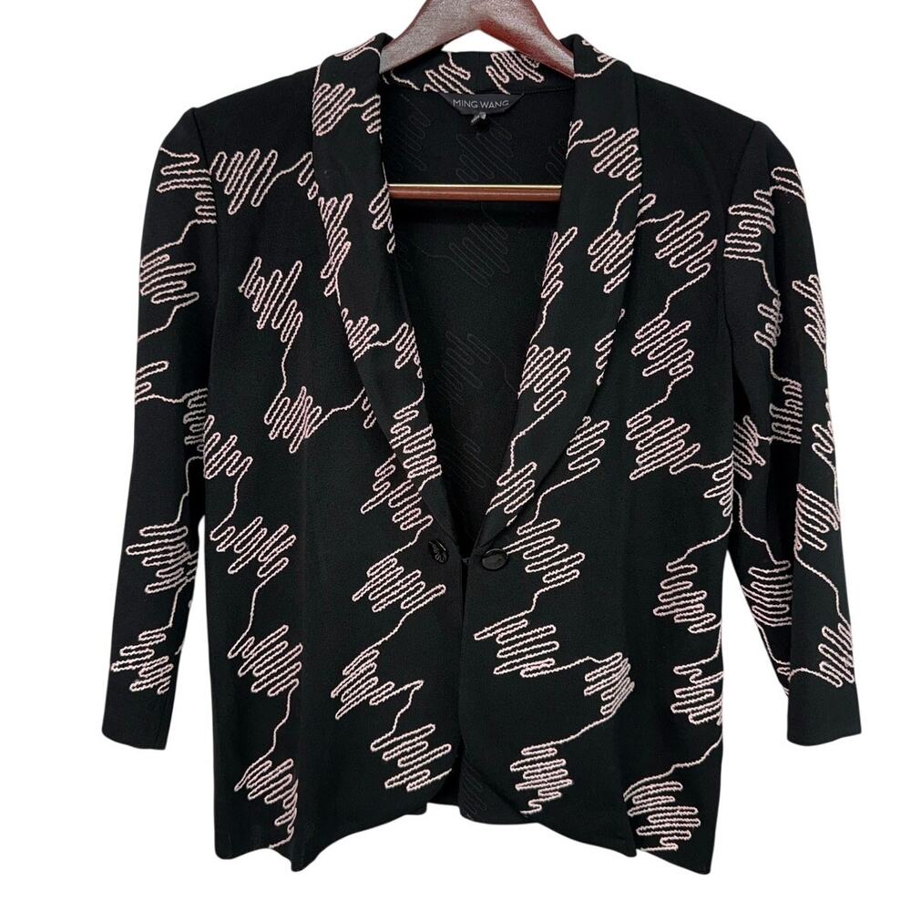 Ming Wang Black Blazer Jacket Size Medium Pink Zig Zag Crop Sleeve Knit